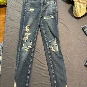 American Eagle Outfitters Womens Ripped Skinny Jeans - Dark Wash Blue 00 short